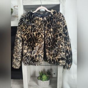 TAHARI leopard print faux FUR COAT plush soft SEXY animal jacket S Pit To Pit 20